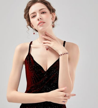 LMXXVJ Jewelry Set for Women,Teardrop Cubic Zirconia Necklace Earrings Adjustable Ring Bracelet Jewelry Set Formal Jewelry Gift - color: SYSD-White Gold-Garnet Red