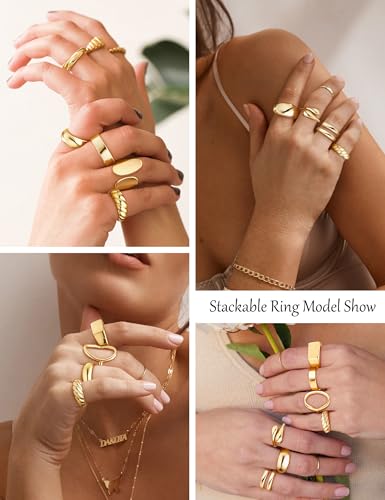 12 PCS Chunky Gold Stackable Rings for Women Non Tarnish 18K Gold Plated Statement Ring Stack Set Silver Adjustable Stacking Thumb Knuckle Band Dainty Open Rings Signet Cute Jewelry Gift - color: 12Pcs Gold