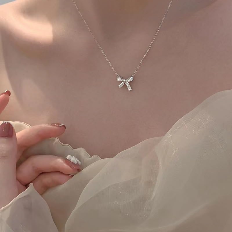Gold Bow Necklace Bracelet Earrings Set for Women Bowknot Choker Necklace Ribbon Stud Earrings Silver Bow Bracelet Christmas Holiday Jewelry - color: Silver-1
