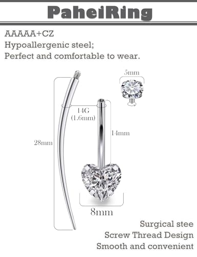 Long Belly Button Ring 6mm 8mm 10mm 12mm 14mm Surgical Stainless Steel Round Cubic Zirconia Navel Barbell Long Bar Belly Button Piercing Jewelry Silver, black, rose gold belly ring - color: 14mm Double Heart Zircon Curved Piercing Jewelry