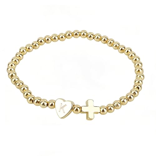 Mikovivi Women's Cross Bracelet with Initial Beads, Elastic Heart Alphabet Charm Stackable Beaded Bracelet Religious Christian Jewelry Gift - style: Letter K