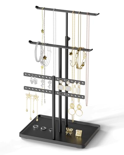 susswiff Jewelry Holder Organizer Stand - Adjustable Jewelry Tree 17.5" Height (Max), Jewlery Hanger for Necklaces, Bracelets, Earrings, Aesthetic for Storage and Display, Metal, Black - color: Black