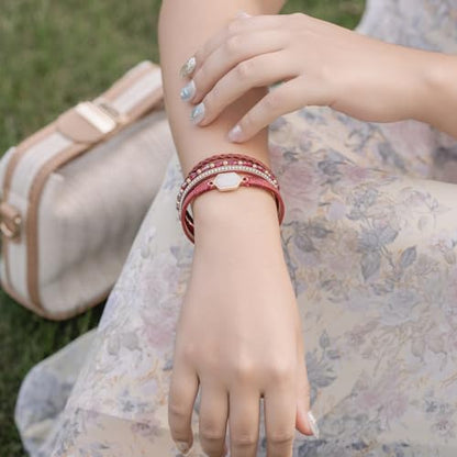 FANCY SHINY Crystal Beaded Leather Wrap Bracelet Stackable Boho Jewelry for Women Resin Stone Bangle Cuff with Magnetic Clasp - color: Burgundy