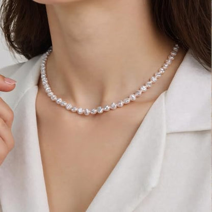 Natural Pearls Necklace, Freshwater Baroque Pearls Necklace for Women's Pearl Strand Choker Necklace 18K Gold Plated & S925 Sterling Silver Clasp White Necklace Chain - color: White, 5-6mm, Silver Clasp