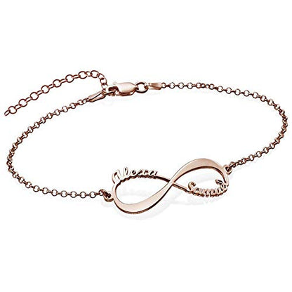 Personalized Infinity Bracelet - Choose Your Style - Sterling Silver, Solid Gold or Plated - Rolo Chain - color: 18K Rose Gold Plated Silver, size: 2 Names Bracelet