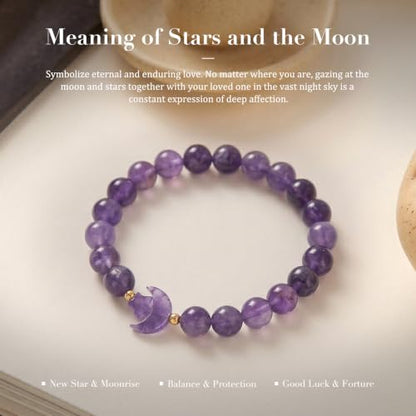 TUMBEELLUWA Half Moon Star Crystal Bracelet for Women Men | 8mm Beads Healing Crystal Bracelets, Elastic Stretch Design, Dainty Boho Celestial Jewelry, Daily Wear & Spiritual Gift