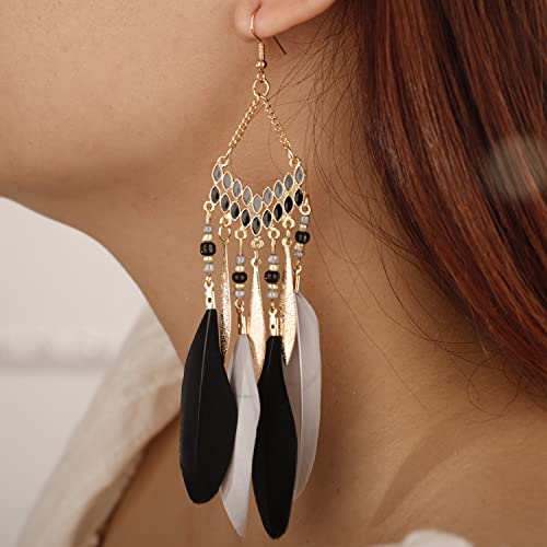 Gold Long Black Fake Feather Drop Dangle Earrings Women Statement Tassel Ethnic Beaded Earrings Hook Lightweight Boho Earrings Set Vintage Dangle Earrings Gift for Women（Black）