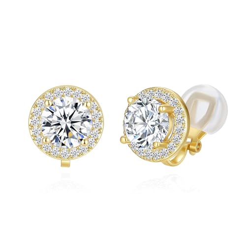 YOQUCOL 8MM Cubic Zirconia Crystal Clip On Stud Earrings Round Non Pierced Earrings for Women - color: Gold-White