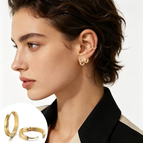3 Pairs Stainless Steel Hoop Earrings for Men & Women | Minimalist Gold Plated Small Hinged Segment Ring Hypoallergenic Huggie Ear Cartilage Helix Tragus Piercing Jewelry 9/12/14mm