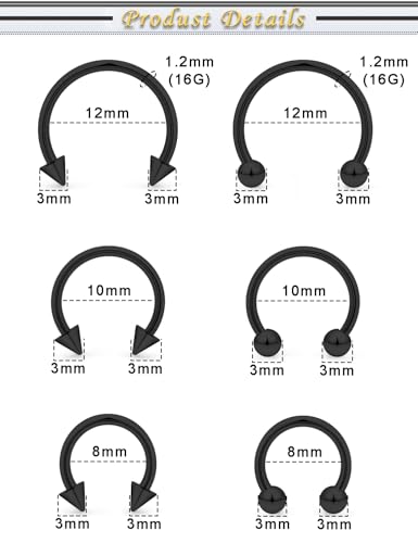 6PCS Septum Rings 18G Stainless Steel Nose Septum Ring Horseshoe Earring Eyebrow Lip Smiley Piercing Jewelry for Women Men Inner Diameter 8mm/10mm/12mm - color: black,ball+spike closure