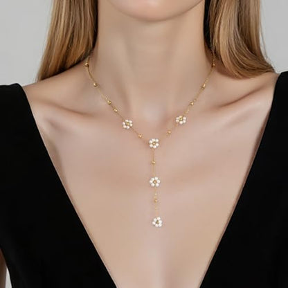 Lariat Gold Necklace for Women, Dainty Long Necklace Y-Shaped Layered Beaded Chain Drop 14k Gold Plated/Silver Necklaces Trendy CZ Diomand Simple Jewelry for Women Gift - color: Gold-Daisy