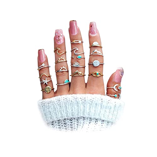 HUASAI Boho Stackable Rings Set for Women Dainty Moon Star Turquoise Mountain Eye Midi Knuckle Pinky Trendy Vintage Jewelry Gifts - color: A 19 Pcs