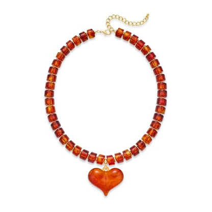 YUJIE Chunky Heart Pendant Necklace for Women- Exaggerated Statement Puff Heart Necklace with Acrylic Beaded Chain - color: amber