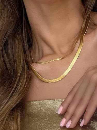 ChainsHouse Flat Snake Chain Herringbone Choker Necklace for Women, Stainless Steel/Rose Gold/18K Gold Plated Dainty Adjustable Simple Short Layered Necklaces, 12"/15"/18" with 3.5" Extender - color: b. layered-3mm+5mm-14k gold plated