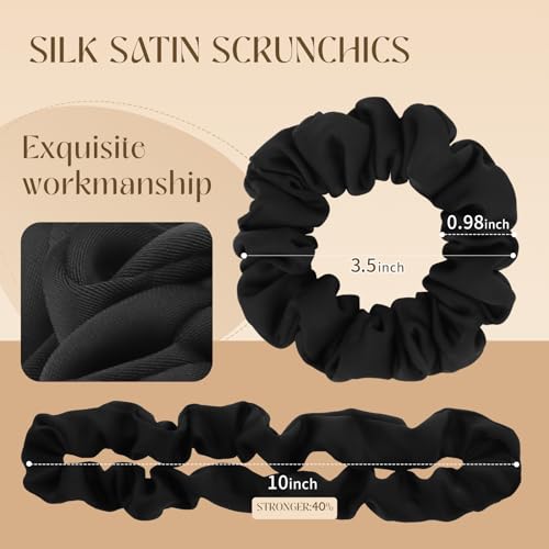 8 PCS Silk Satin Hair Ties Hair Scrunchies for Women Premium Black | Artisan Crafted / Stretched 10" Length / Gift Box / Silky Weave / Soft Touch Daily Use - color: Black