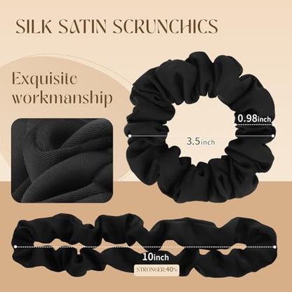 8 PCS Silk Satin Hair Ties Hair Scrunchies for Women Premium Black | Artisan Crafted / Stretched 10" Length / Gift Box / Silky Weave / Soft Touch Daily Use - color: Black