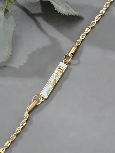Waves/Tree of Life/Mushrooms/Moon Phase/Butterfly/Hummingbird Bracelet/Anklet 925 Sterling Silver Adjustable Abalone Shell Bar Bracelet/Anklet Summer Jewelry Gifts for Women - color: Waves-Opal-Yellow Gold, size: Bracele 7"+2"