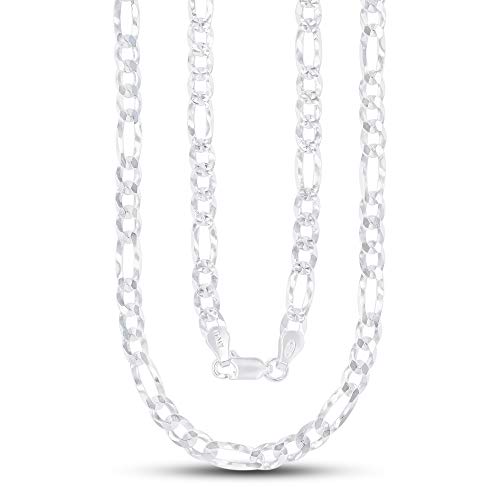 14K Gold or Rhodium Plated Silver Figaro Diamond Cut Pave Chain For Men | 1mm-13mm Thick | Solid 925 Figaro Italian Necklaces For Men - style: 4.50MM- White
