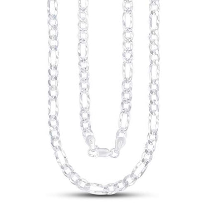 14K Gold or Rhodium Plated Silver Figaro Diamond Cut Pave Chain For Men | 1mm-13mm Thick | Solid 925 Figaro Italian Necklaces For Men - style: 4.50MM- White