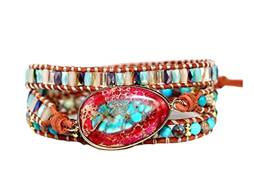 Handmade Boho Wrap Bracelets Natural Turquoise Crystal Stone Variety Beaded Strand Bracelet - color: Imperial Jasper