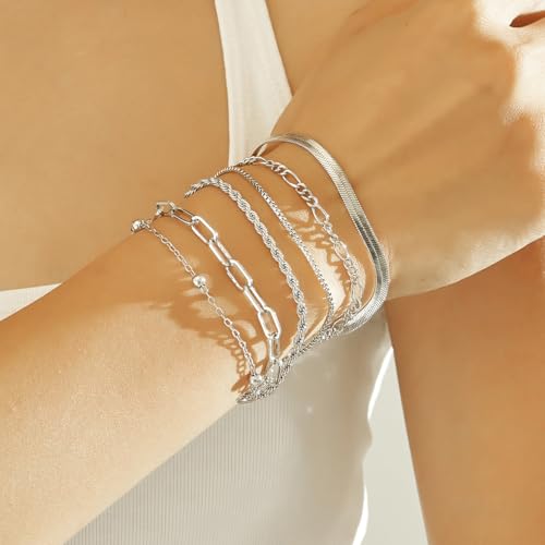 Wgoud Waterproof Gold Bracelets for Women Trendy, Dainty 14K Real Gold Plated Fashion Stackable Bracelet Sets for Women Thin Cuban Link Paperclip Chain Bracelets Layered Gold Jewelry Sets Gifts for Womens - color: 6Pcs Silver Bracelet