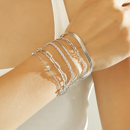 Wgoud Waterproof Gold Bracelets for Women Trendy, Dainty 14K Real Gold Plated Fashion Stackable Bracelet Sets for Women Thin Cuban Link Paperclip Chain Bracelets Layered Gold Jewelry Sets Gifts for Womens - color: 6Pcs Silver Bracelet