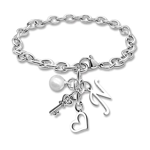 Initial A-Z Bracelets Gift for Women Girls Stainless Steel Chain Bracelet 26 Alphabet Jewelry Gifts for Birthday Anniversary Letter Bracelet Monogram Gifts for Sister Friend Girlfriends Mom 8.26 Inch - color: N