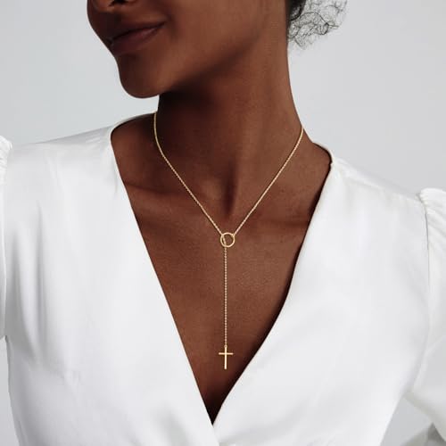 HERIER Lariat Gold Necklace for Women, Dainty Long Necklace 14k Gold Plated/Silver Y-Shaped Layered Beaded Chain Drop Necklaces for Women Trendy Simple Gold Jewelry for Women Gifts - color: Y Cross Necklace-Gold