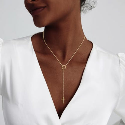 HERIER Lariat Gold Necklace for Women, Dainty Long Necklace 14k Gold Plated/Silver Y-Shaped Layered Beaded Chain Drop Necklaces for Women Trendy Simple Gold Jewelry for Women Gifts - color: Y Cross Necklace-Gold