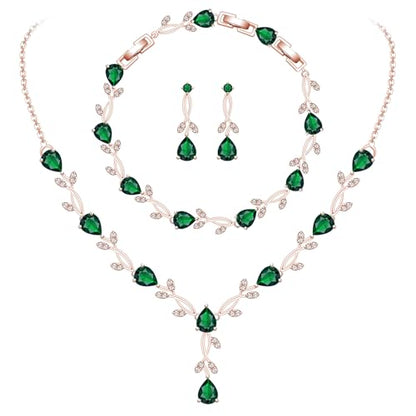 GZWHD Wedding Jewelry Sets for Bride Bridesmaid Women Cubic Zirconia Necklace Earrings Bracelet Set Gift for Mother Friend Wife Daughter Sister Party Prom Jewelry - color: Rose Gold-Green
