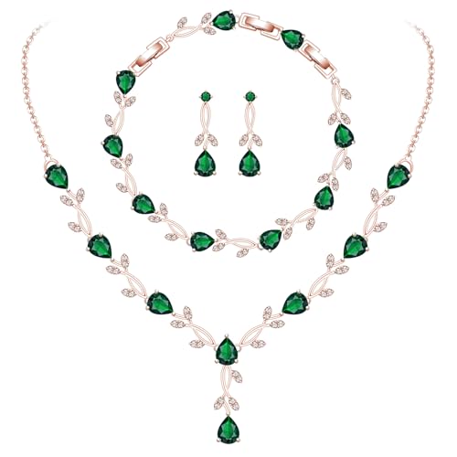 GZWHD Wedding Jewelry Sets for Bride Bridesmaid Women Cubic Zirconia Necklace Earrings Bracelet Set Gift for Mother Friend Wife Daughter Sister Party Prom Jewelry - color: Rose Gold-Green