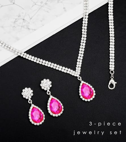 Elegant Silver Crystal Wedding Necklace Earrings Bracelet Jewelry Set for Women Brides Bridesmaids Prom Party Costume Accessory Bridal Jewelry - color: silver-hot pink