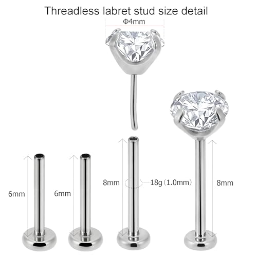 20g/18g/16g Titanium Press Fit Threadless Push in Labret Stud
