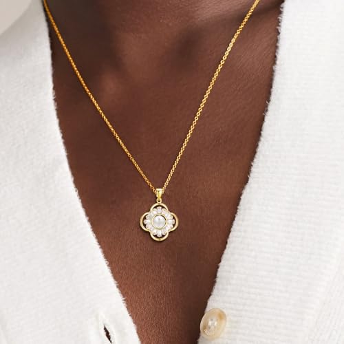 14K Gold Plated | 14K Platinum Plated Necklace for Women Necklace Earrings Set with Sparkling Zircon Inlay and Silver Post Earrings - color: Pearl flower gold suit