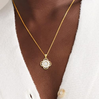 14K Gold Plated | 14K Platinum Plated Necklace for Women Necklace Earrings Set with Sparkling Zircon Inlay and Silver Post Earrings - color: Pearl flower gold suit