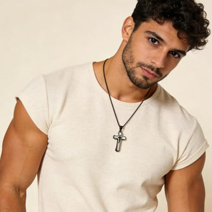 Men's Cross Necklace 316L Stainless Steel Large Heavy Cross Pendant for Men Polished Jewelry Rolo Chain with 22'' 24'' 26'' - color: F-Black and White, size: 26 inch