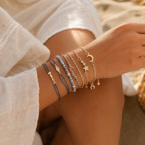 Aluinn Boho Layered Charm Bracelet Set Gold Moon Star Jewelry | Stackable bracelet set with moon and star charms, adjustable fit and style for beach trips, vacations and everyday outfits