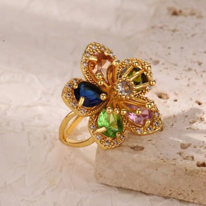 Gold Flower Ring for Women Trendy Silver Flower Statement Ring Adjustable Minimalist Rings Jewelry - color: Gold, style: Crystal Flower C