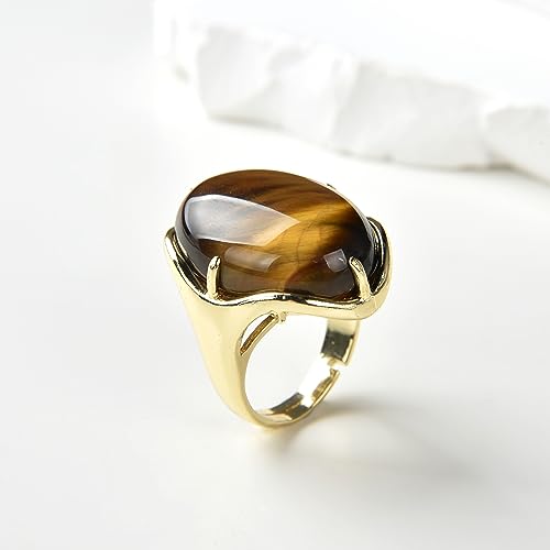 Natural Stone Adjustable Finger Rings Semi Precious Oval Shaped Gemstone Jewelry For Women Anniversary Birthday Wedding Gift - color: Yellow