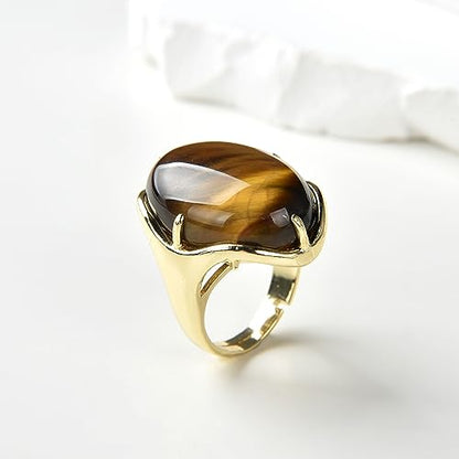 Natural Stone Adjustable Finger Rings Semi Precious Oval Shaped Gemstone Jewelry For Women Anniversary Birthday Wedding Gift - color: Yellow