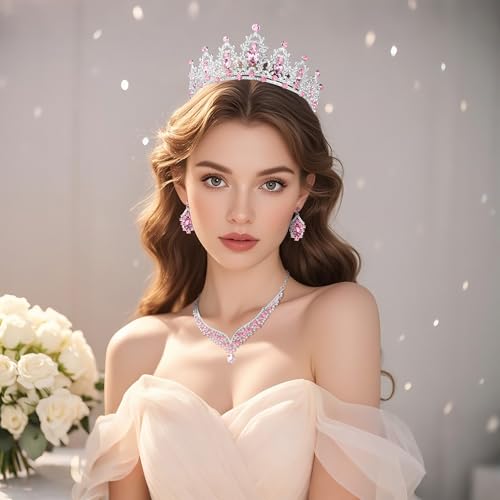 Crowns and Tiaras jewelry sets for Wedding princess birthday party Halloween Prom Pageant Jewelry for Women Crystal Bridal Jewelry Set for women - color: Silver Pink
