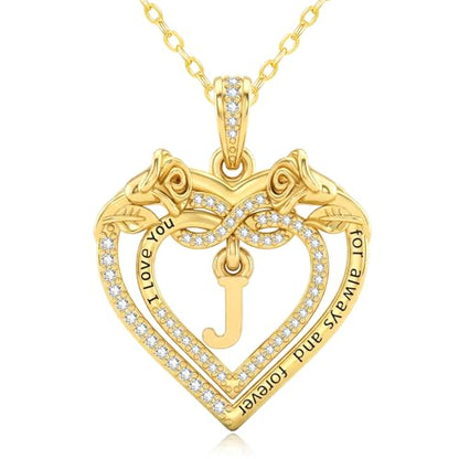 14K Gold Initial Letter Rose Heart Pendant Necklace for Women, Anniversary Birthday Jewelry Gifts for Wife Mom Grandma Sister Daughter, I Love You for Always And Forever - style: 14K Gold-J