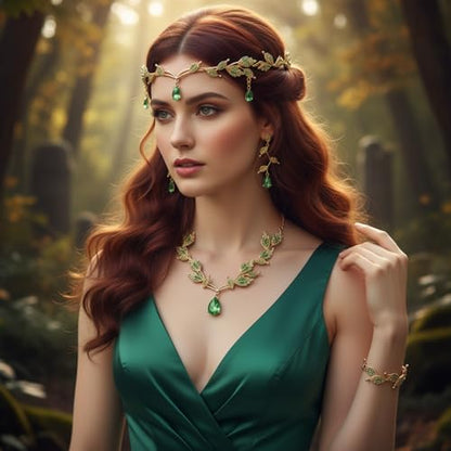 Wedding Jewelry Set for Women, Rhinestone Leaf Tiara Headband Crown Necklace Earrings Bracelet for Women - color: Gold,Green