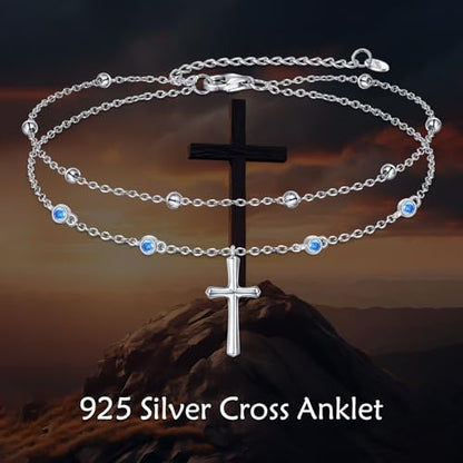LUHE Cross Ankle Bracelets Sterling Silver Religius Double Chain Anklets Christian Baptism Layered Anklet Jewelry Gifts for Women - style: Simple cross anklet