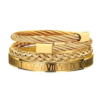 WFYOU 3PCS Stainless Steel Imperial Crown Bracelets for Men Gold Roman Numeral Bangle Bracelet Adjustable Cuff Bracelet Mens Luxury Jewelry Gifts - style: 09:Gold- Square