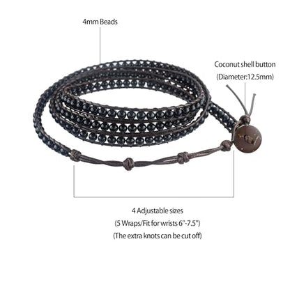Genuine Stone Wrap Bracelets for Women Natural Crystal Beaded Wrap Bracelet 2/3/5 Adjustable Bohemian Bracelets Jewelry Gifts for Women Mom - color: black agate(5 wraps)