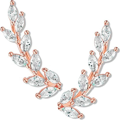 14K Gold or 925 Silver Plated Ear Crawler Earrings - Crystal Leaf Climbers | Hypoallergenic and Safe for Sensitive Ears - color: 14K Rose Gold Plated