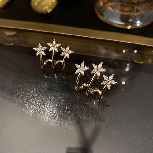 Gold Flower CZ Crawler Earrings for Women, 3-Petal Crystal Stud Climber Earrings, Elegant Geometric Line Ear Jewelry