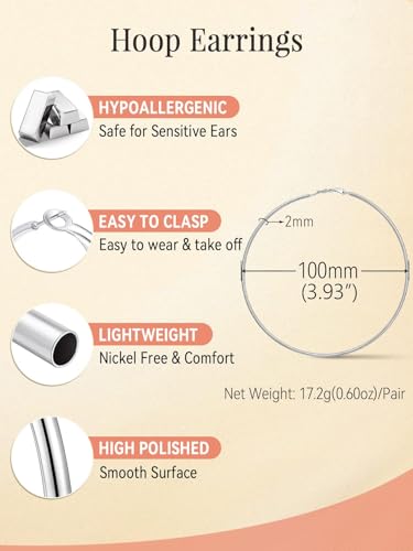 FaithHeart Silver/Black/Gold Stainless Steel Thin Hoop Earrings for Women | 2mm Wide Thin Large Hoop Earrings, Hypoallergenic Lightweight Trendy Jewelry, 20/30/40/50/60/70/80/90/100mm - color: Silver, size: 100mm/3.93"
