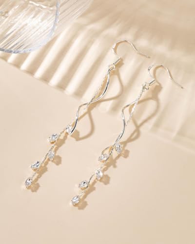 Dangle Earrings for Women - 14K Gold/White Gold/Rose Gold Plated Butterfly Heart Star Hoop Chain Long Tassel Cubic Zirconia CZ Dangle Earrings - color: silver twist fish hook